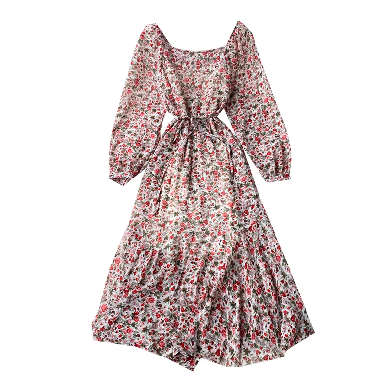 

STARK 2020 skirt women's retro floral air bubble sleeve temperament Square Neck Lace Up waist show thin Knee Length Dress