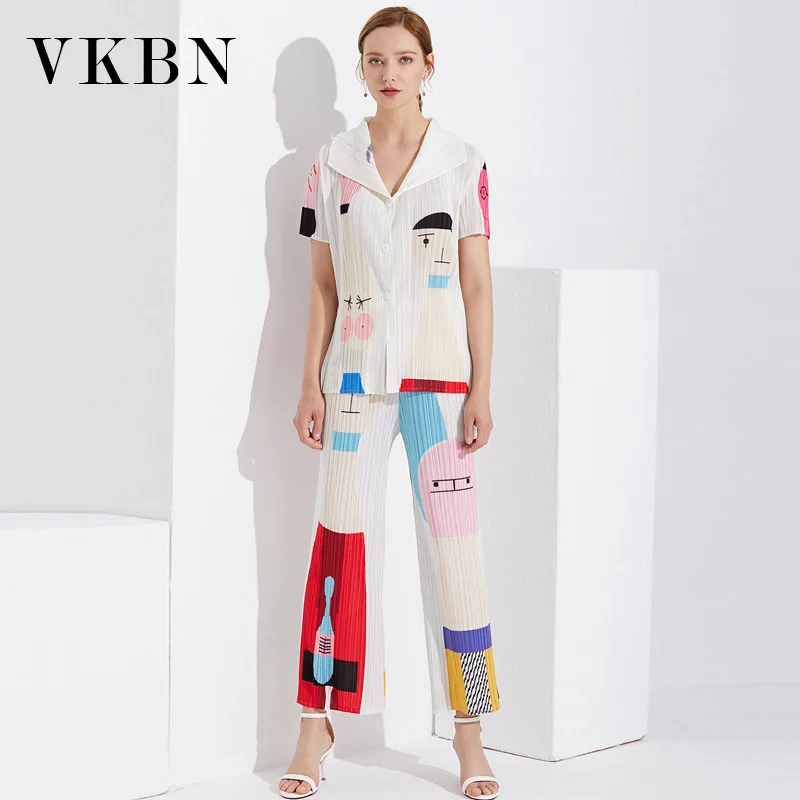 VKBN 2023 Spring and Summer Two Piece Set Skirt T-shirts and Pants Women Turn Down Collar Pleated Fabric Print Women Sets