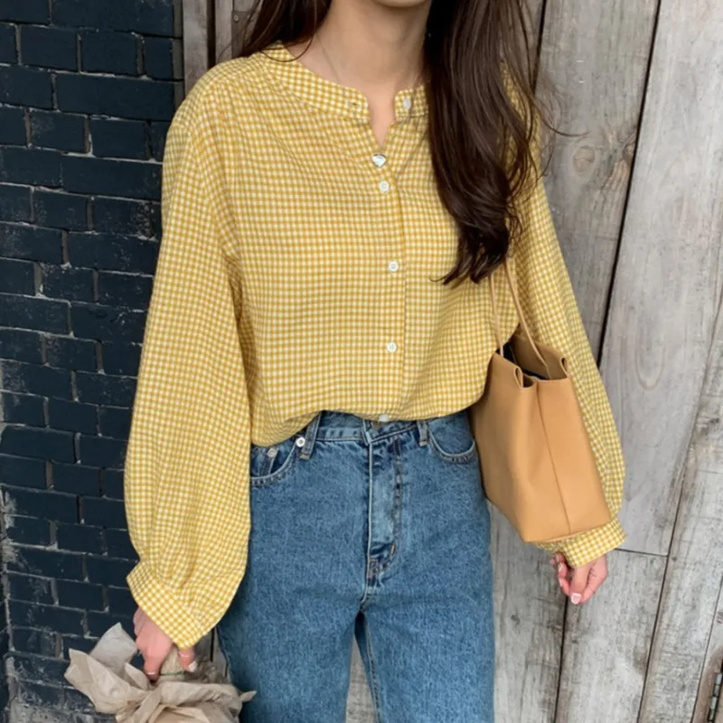 

2021 Весенняя Новинка Один однобортный Кардиган Блузки Круглый воротник свободные и тонкие плед Длинные рукава Женская рубашка 37978