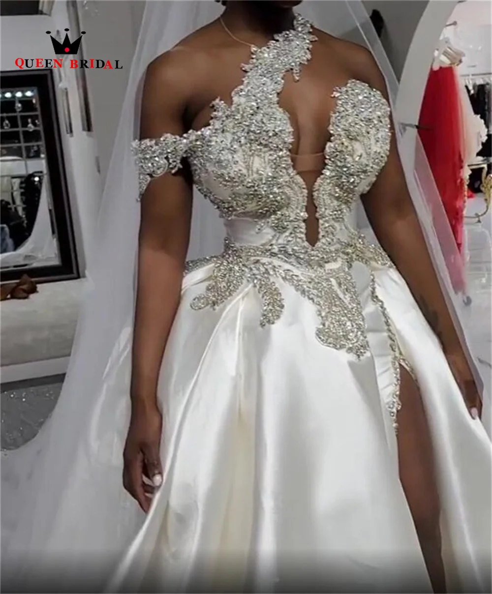 Женское Атласное Бальное Платье Пышное платье невесты с разрезом и бисером