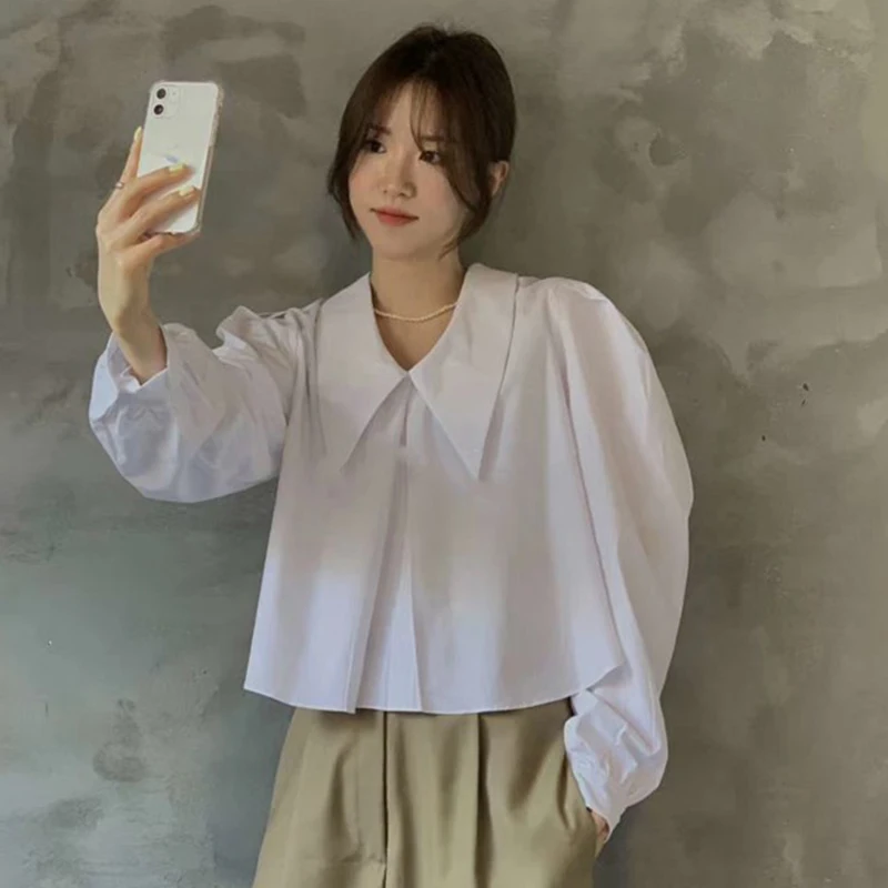 

2021 Spring Women Fashion Sweet Blouse Pointed Collar Long-sleeved Puff Sleeve Solid Color Short Loose Shirt Z021