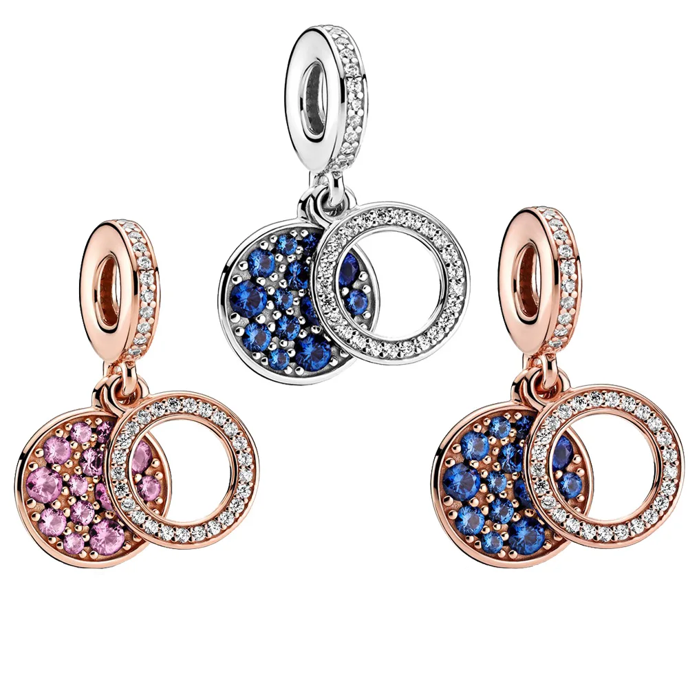 

Зима 2020, новинка, блестящий розовый браслет с двумя подвесками, подходящий для оригинального браслета Pandora, ювелирные изделия