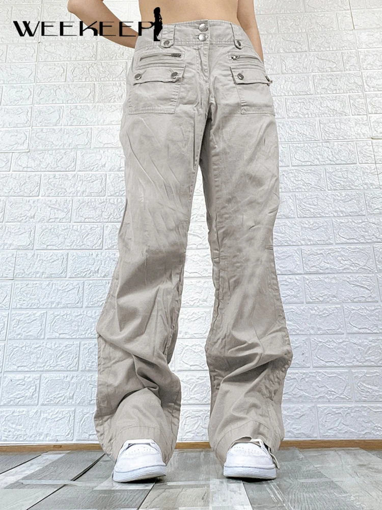 

Weekeep Streetwear Women Jeans High Waist Button Fly Pocket Baggy Cargo Pants Aesthetic Vintage Y2k Wide Leg Denim Trousers 2021