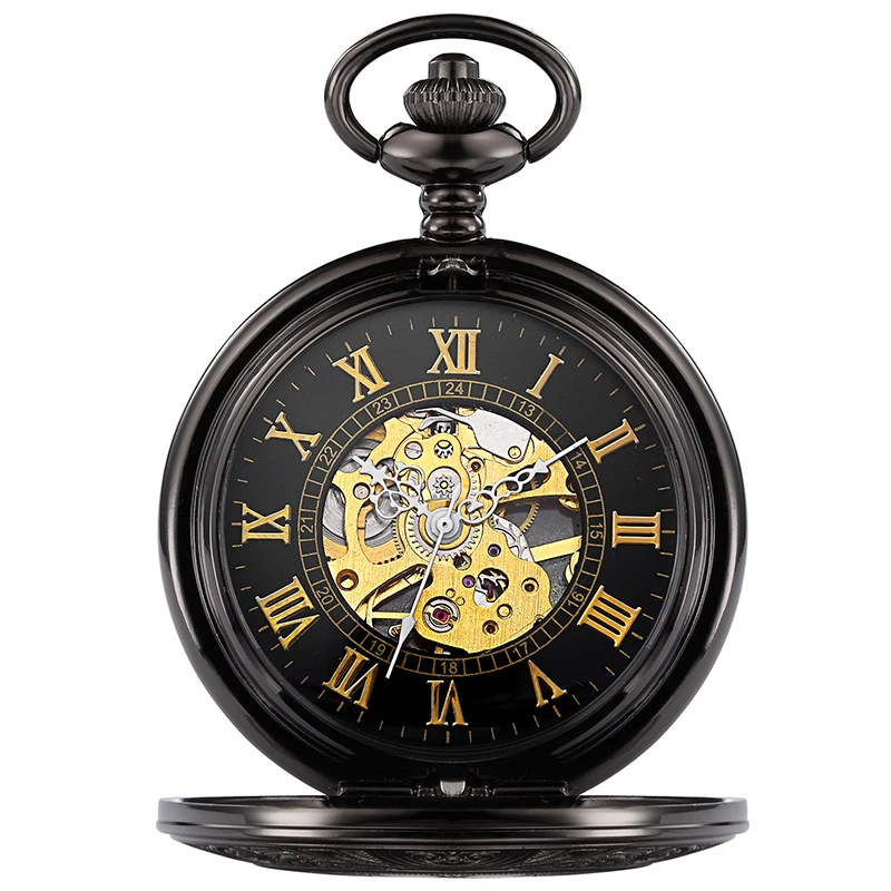Roman Numeral Black Gold Mechanical Pocket Watch Antique Gear Skeleton Case Dial Male Fob Chain Clock for Men Women Dropshipping