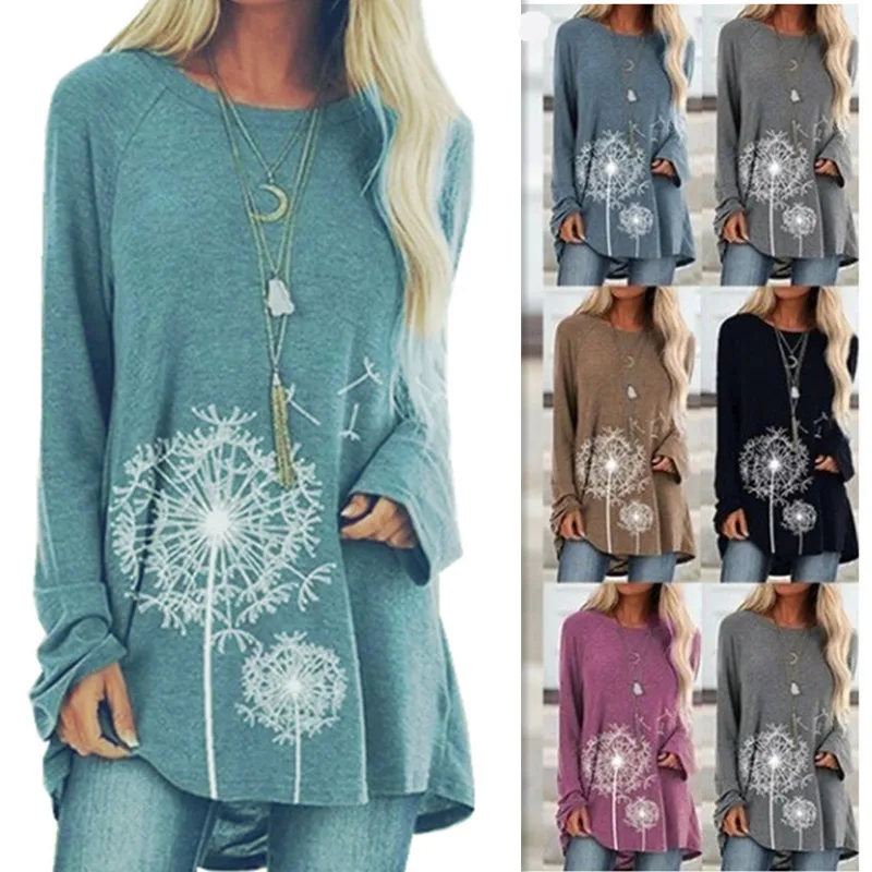 

Autumn Winter Fashion Clothes O-neck T-shirt Women's sweatshirt Casual Long Sleeve shirt Dandelion Printed Loose Plus Size Tops