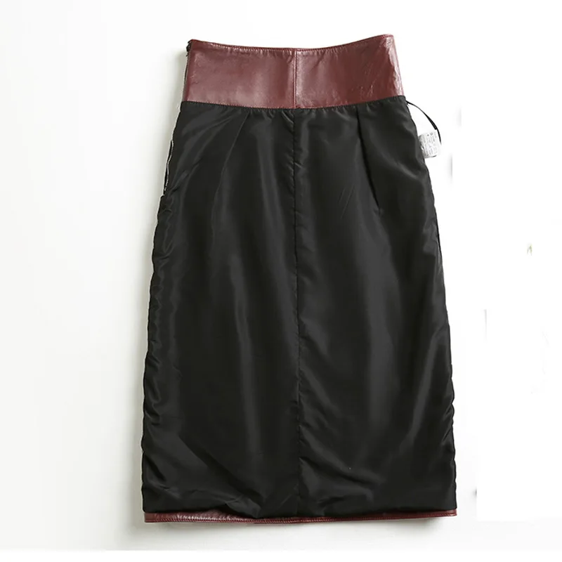 Spring Female Genuine Leather Skirts Women High Waisted Wrap Skirt Mujer Knee Long Wine Red/Black Split Sexy Saia With Pocket OL