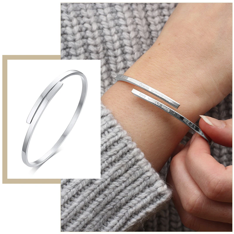 

Темпераментный тонкий браслет для женщин с именем на заказ вдохновляющие слова цитаты Браслет-манжета из нержавеющей стали ювелирные изде...