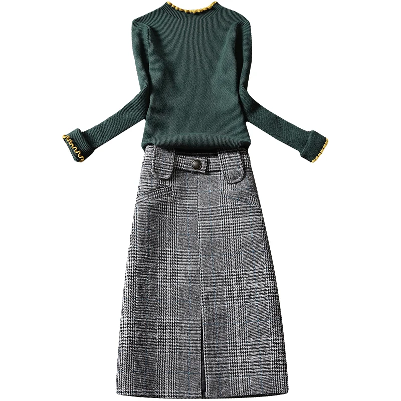 

fashion women skirt sets 2020 autumn new knitted flare sleeve sweater pullovers and high wiast A-line knee-length skirts lady