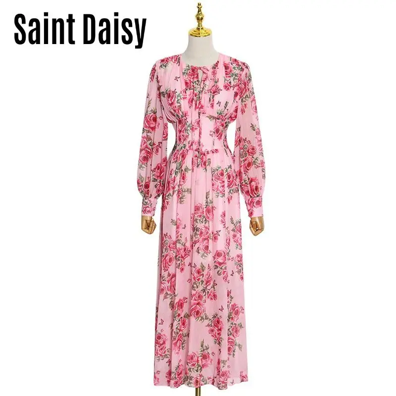 Maxi Dresses For Women Pink Long Sleeve Flower Elegant Fashion Vintage 2021 Robe Lantern Sleeve O-Neck Mid-Calf Big Size 332332