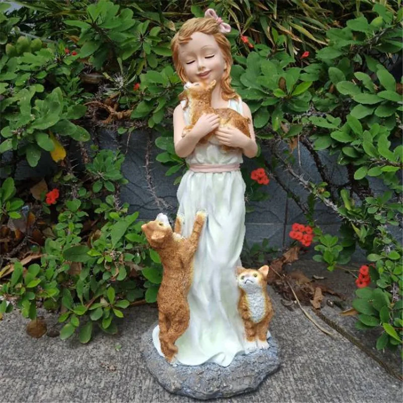 

Garden Cute Cat Girl Resin Courtyard Villa Simulation Animal Sculpture Craft Home Balcony Figurine Decoration R6821