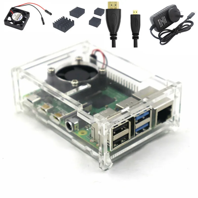 Новинка 5V 3A Мощность адаптер Micro HDMI кабель прозрачный акриловый чехол Корпус коробка с охлаждающим вентилятором теплоотвод для Raspberry Pi 4 модели B