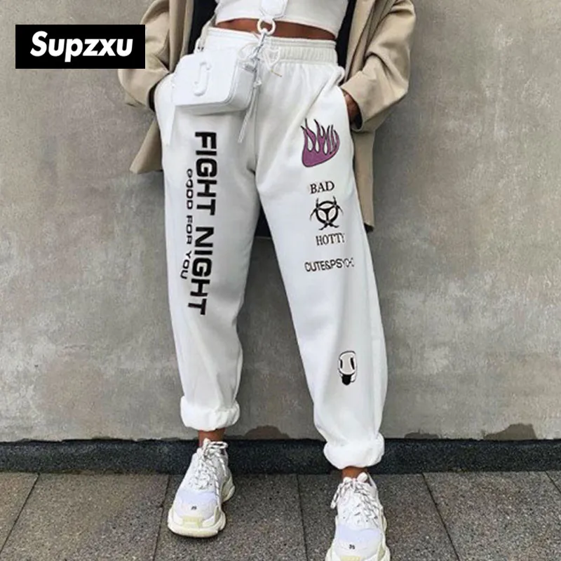 Women high waist sports pants drawstring fitness casual loose fight night pocket black and white sportswear fashion | Мужская одежда