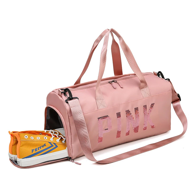 Pink Women's Gym Bag Fitness Long And Short Distance Outdoor Travel Portable Large-capacity Nylon Waterproof Shoe Warehouse Bags