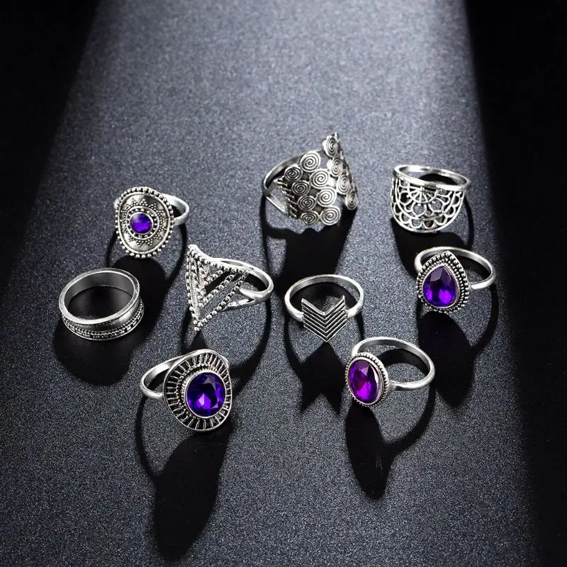

9pcs/sets Purple Rhinestone Vintage Silver Rings for Women Flowers Geometry Bohemian Jewelry Mujer wedding