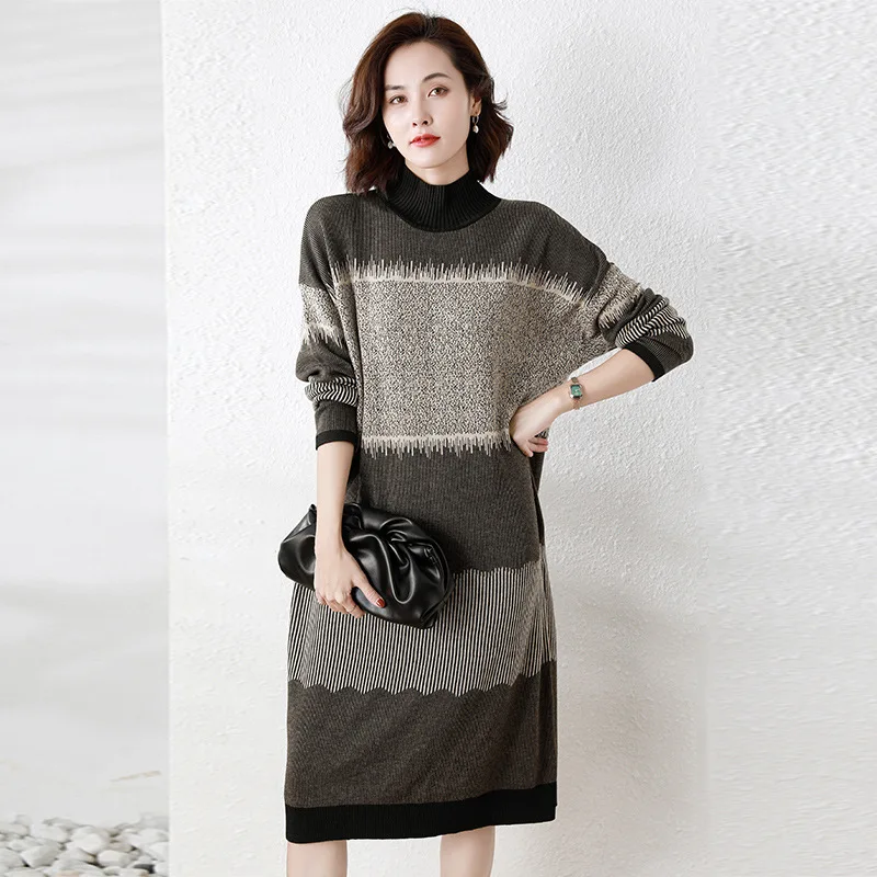 

Fall Women Dress Knitting Turtleneck Soft Comfortable Splicing Temperament Office Lady Casual Loose Mid-Length Pullover Frocks