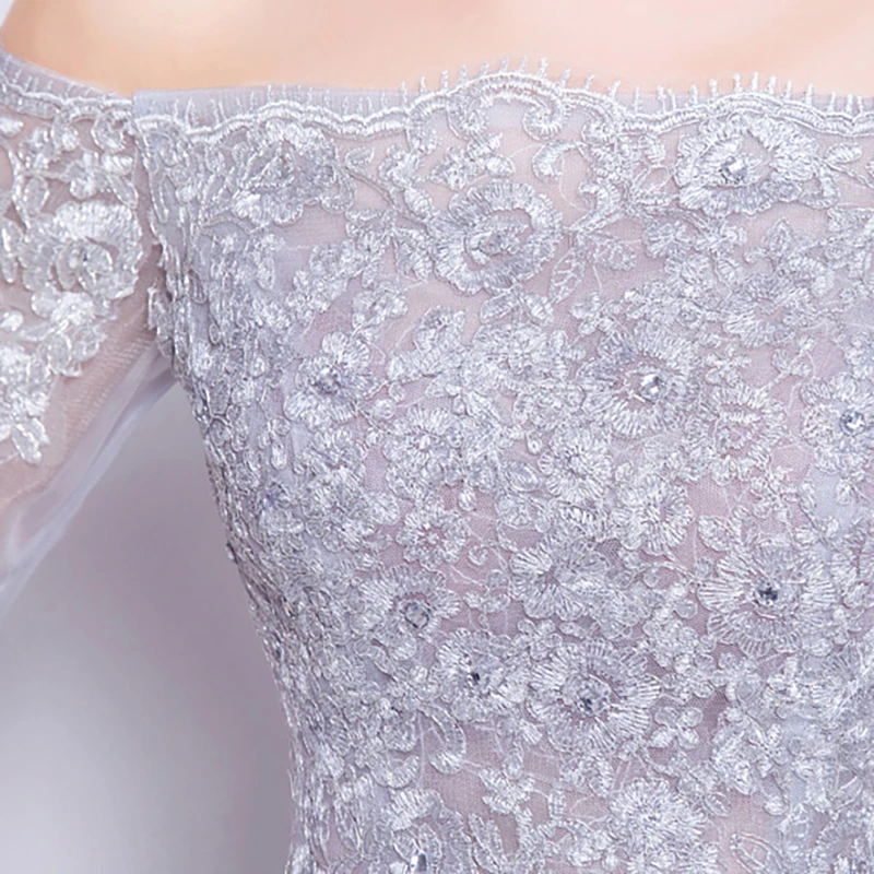 

Gray Luxury Evening Dress Illusion Off The Shoulder Lace Tulle Floor-Length A-Line Crtstal Embroidery Women Formal Dresses TS311
