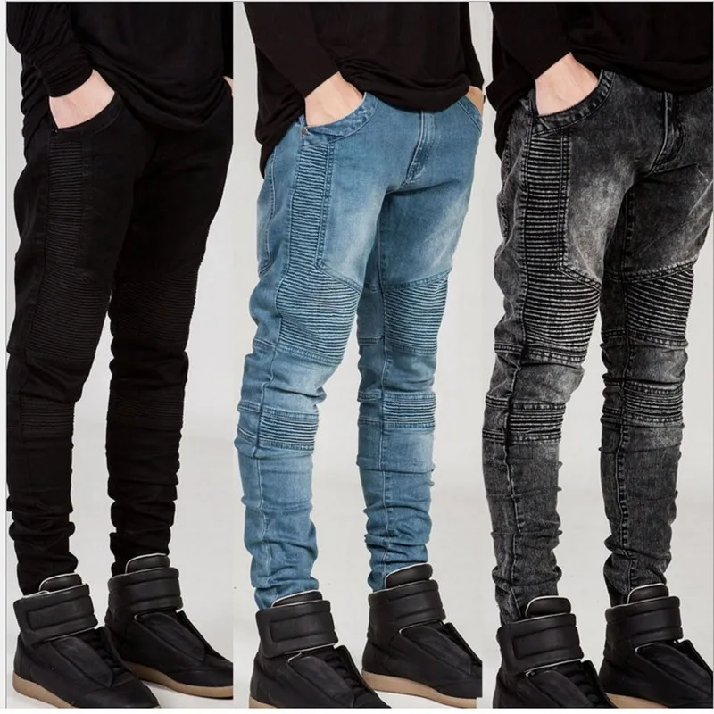 

Мужские брюки в стиле High Street, модные брендовые мотоциклетные брюки с оборками, облегающие эластичные джинсы в европейском и американском ст...