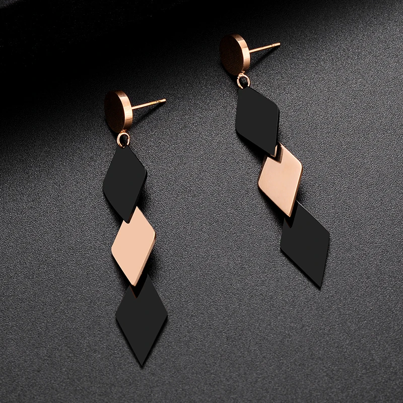 

Trendy Luxury Elegant Geometry Rhombus Tassels Drop Earrings For Women Fashion Black Gold Color No Fade Female Party Jewelry