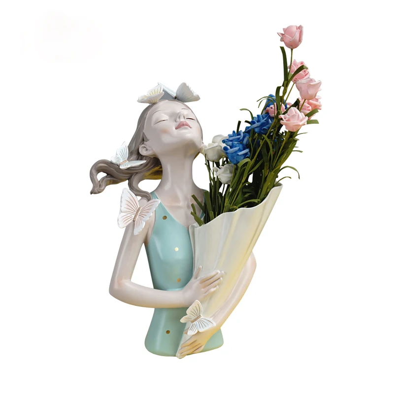 

NIFLHEIMResin Statue Nordic Romantic Girl Flower Arrangement Tube Home Decor Crafts Fresh Sculpture Simple Indoor Desktop