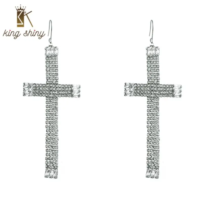 

Elegant Shiny Crystal Cross Charm Pendant Earrings Exaggerated Full Rhinestone Wedding Party Statement Dangle Earrings for Woman
