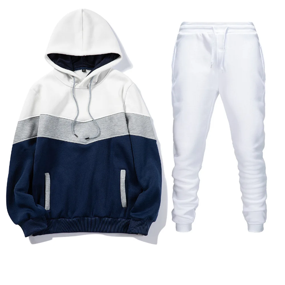 

Новинка 2021, трехцветный комбинированный свитер и брюки, мужской костюм из двух предметов с капюшоном на осень и зиму