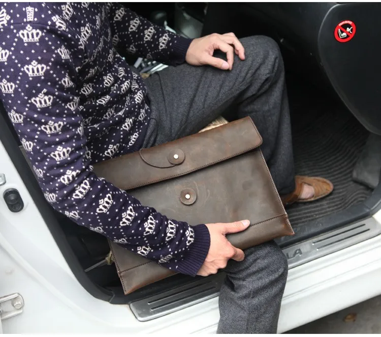 Men's Crazy horse leather clutch bag vintage genuine handbag high quality A4 document iPad casual organizer case | Багаж и сумки