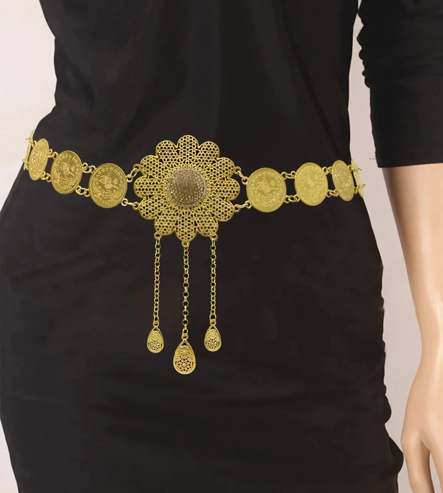 Индийская Золотая монета кисточка цепочка для живота женщин металлический полый