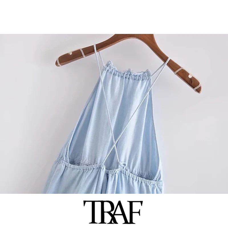 

TRAF Women Fashion Ruffle Trim Linen Midi Halter Dress Vintage Elastic Waist Backless Thin Straps Female Dresses Mujer