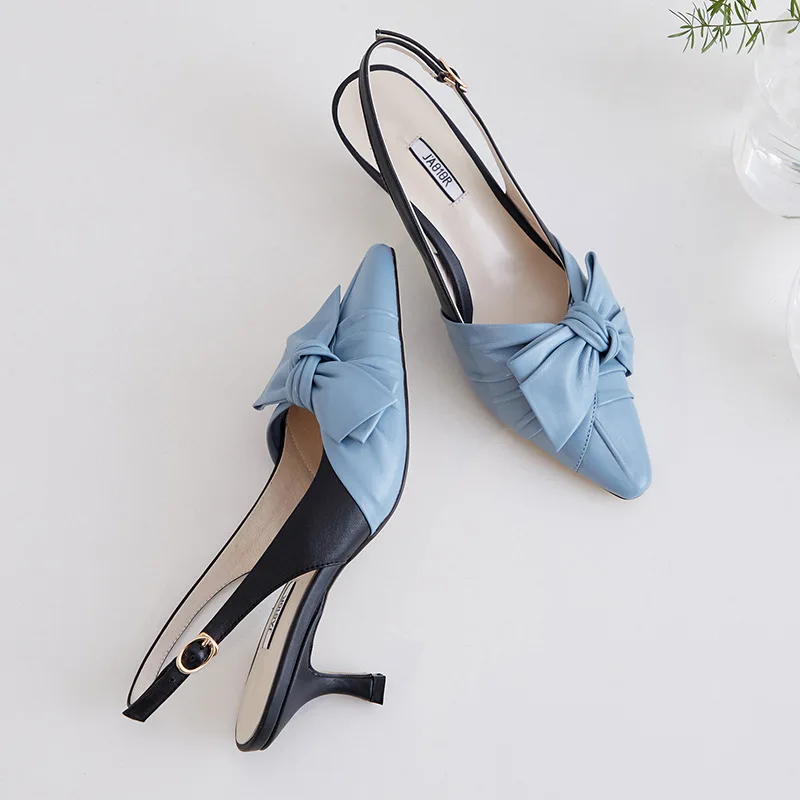 

2019 summer inside and full leather new sandals bow color matching high heel thin heel small square head fashion