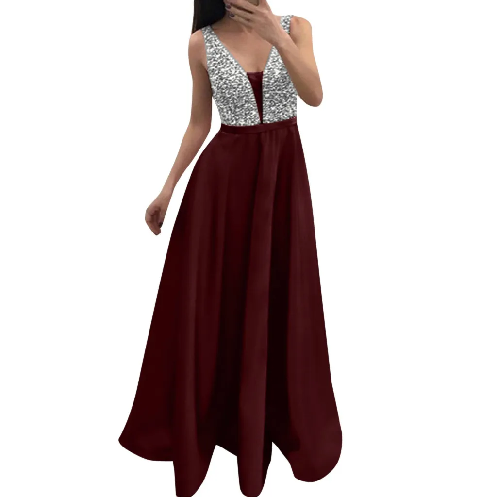 Женская мода платья с блестками без рукавов вырезом в форме буквы V длинное