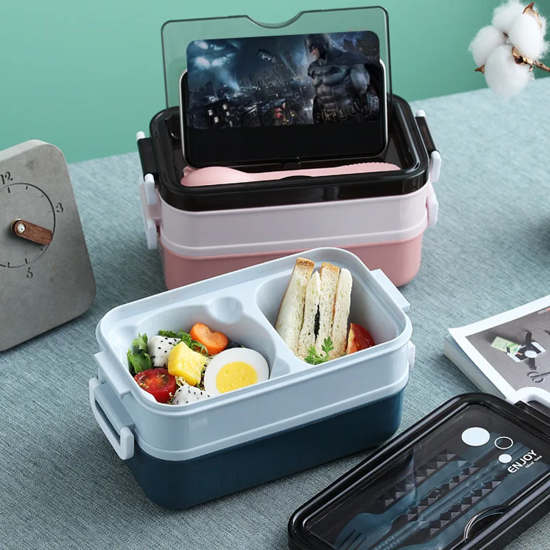 Lunch Box Bento For Student Office Worker Double-layer Microwave Heating Healthy Boxes Lunchbox With Cutlery | Дом и сад