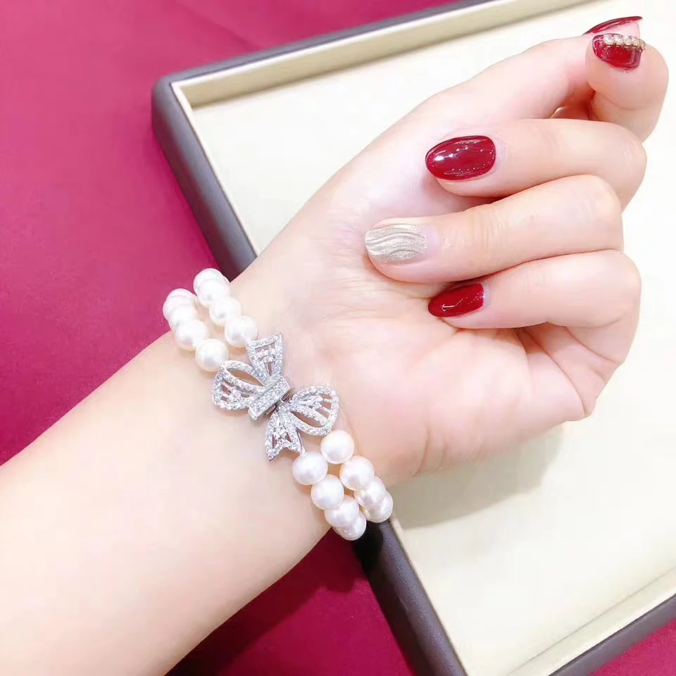 

free shipping Jewelry diy 2row natural 7-8mm white pearl bracelet 7.5-8inch micro inlay zircon butterfly clasp crystal