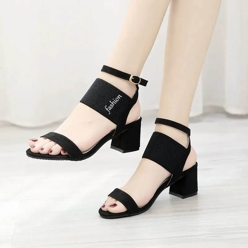 

Thick Heel Sandals Women's Fashion All-match European and American High Heels 2021 New Net Red Roman Open Toe Buckle Mid-heel