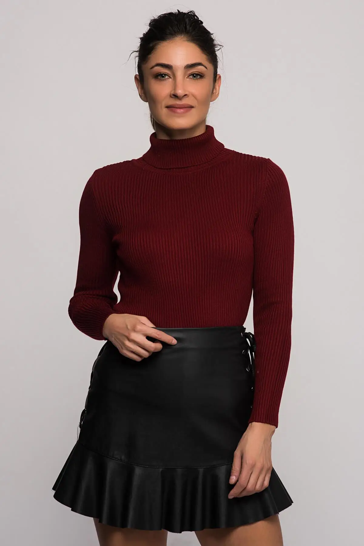 Хлопок настроение женщин Бургундия тонкий ребристый камзол Водолазка с длинным