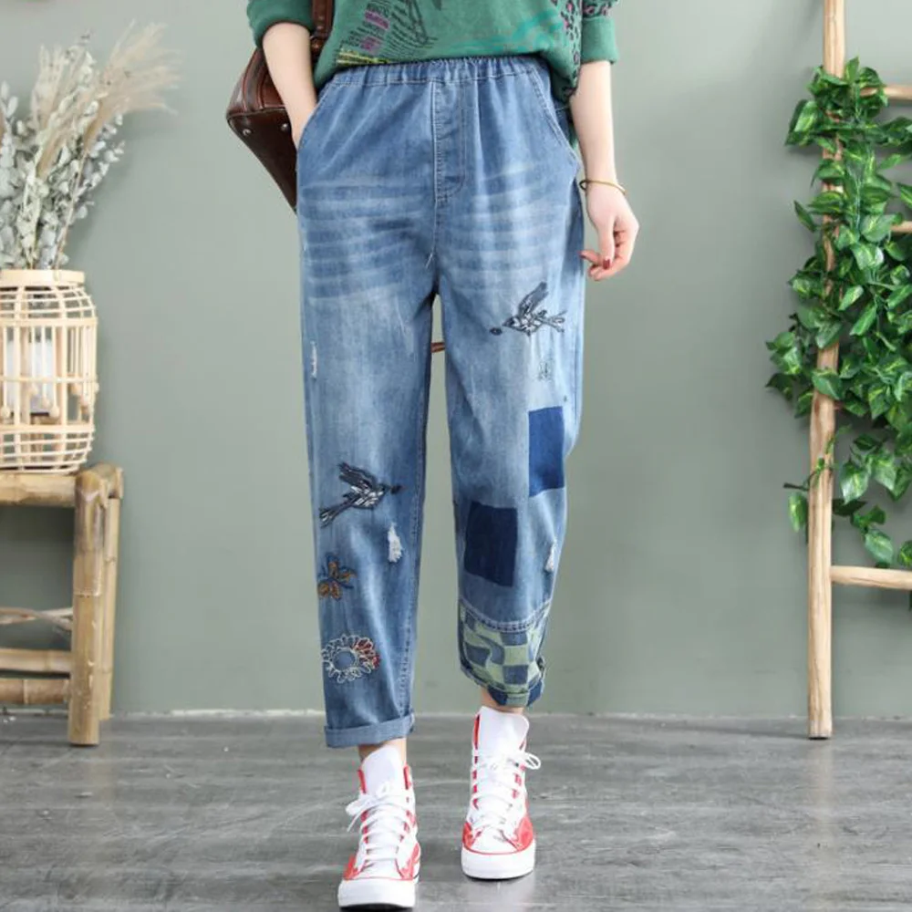 

Vrouw Jeans Hoge Taille Losse Harembroek 2021 Nieuwe Mode Japan Stijl Cartoon Gedrukt Denim Casual Vrouwelijke Cropped Broek