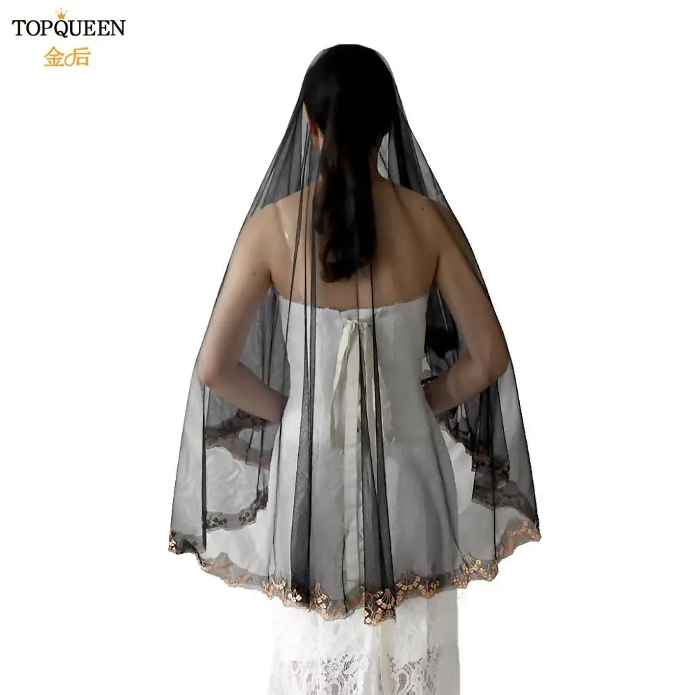 

Модная короткая фата для невесты TOPQUEEN V57 с золотой вышивкой, черная свадебная фата с аппликацией по краям для женщин