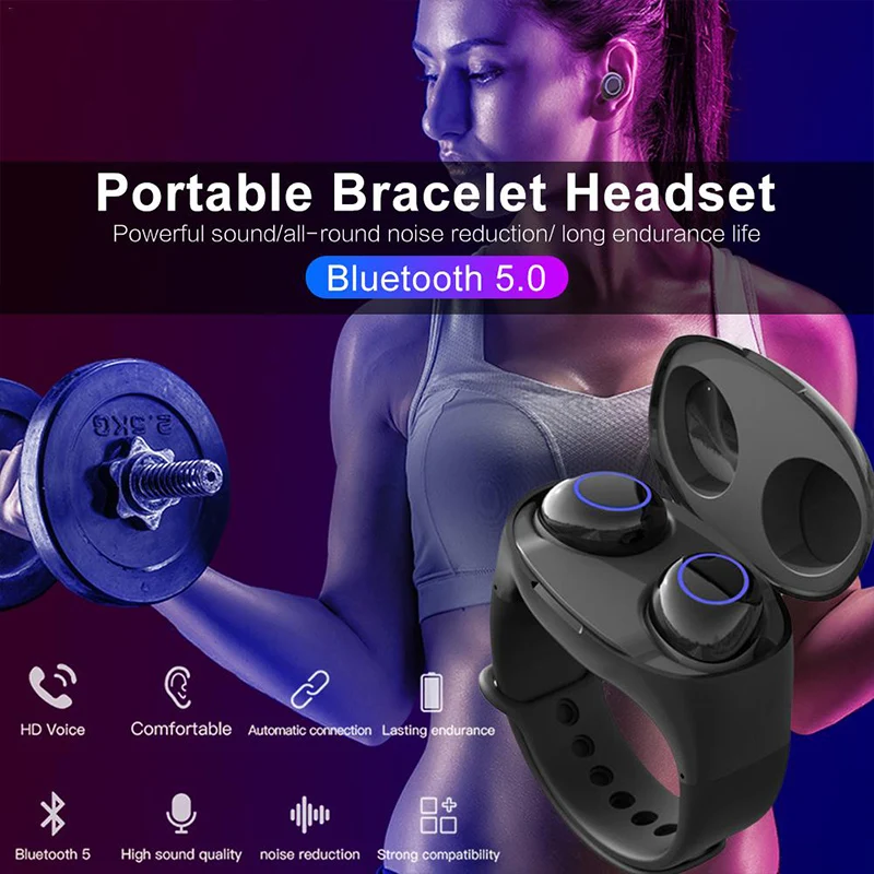 Умные часы Беспроводные наушники с браслетом, спорт для Bluetooth 5,0 Авто сопряжение стерео наушники-вкладыши с микрофоном