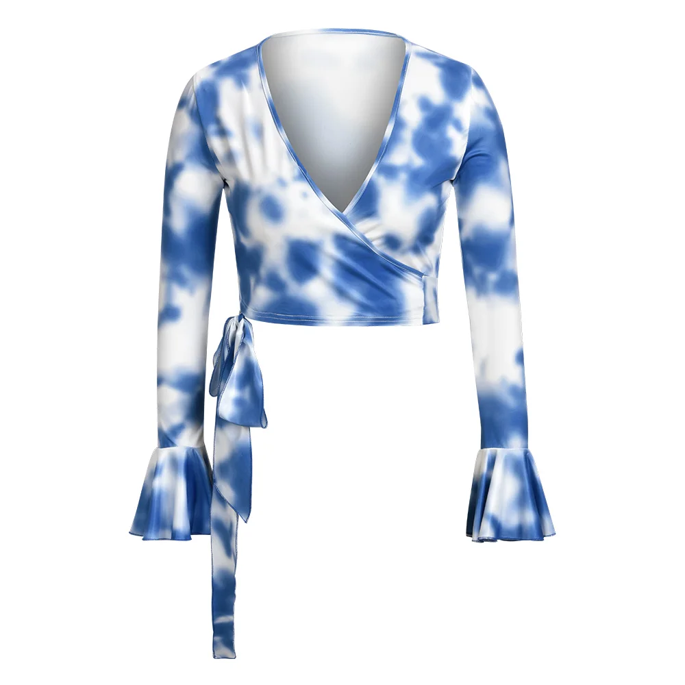 Женская блузка с v образным вырезом и завязками Короткие топы бантом пятнами