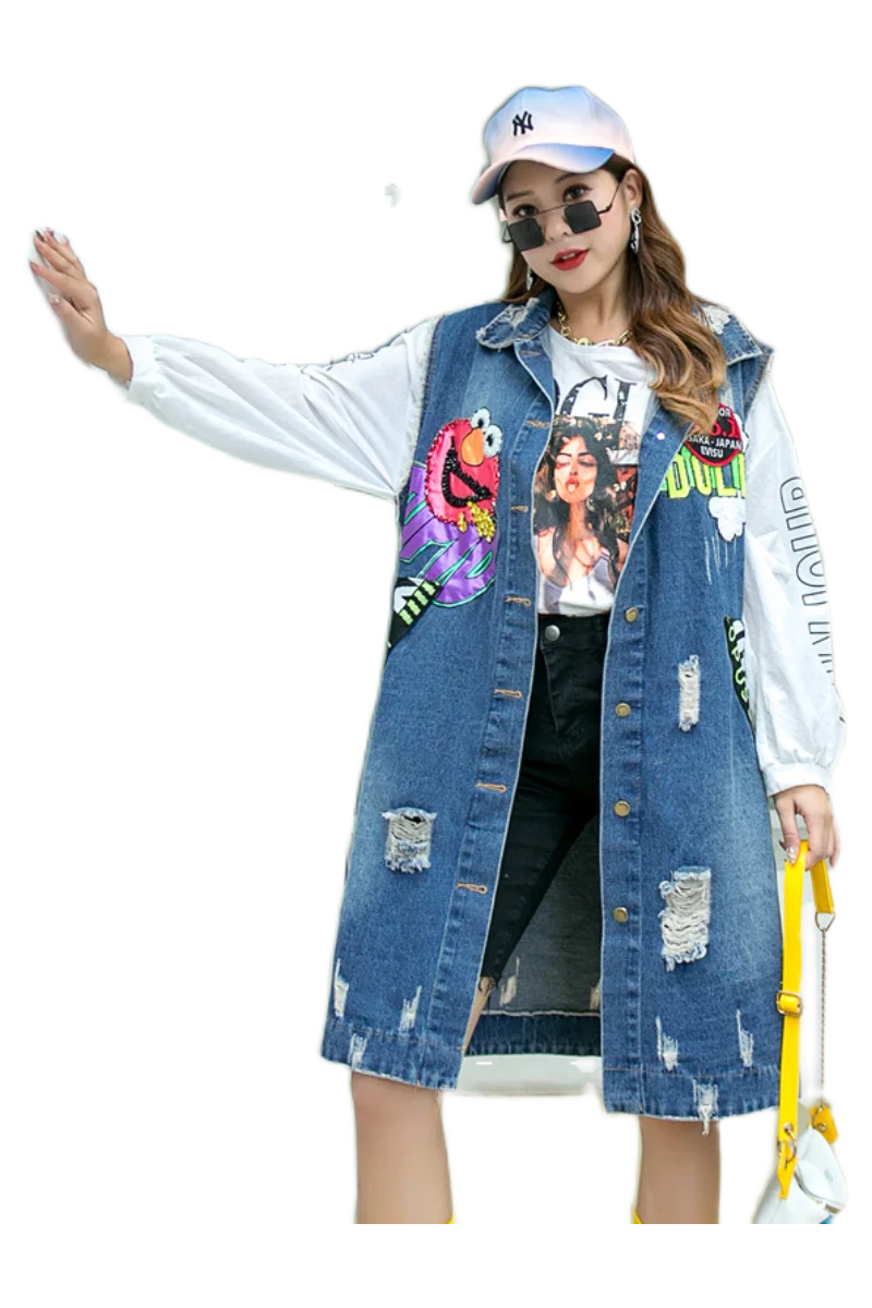 

Thailand tide brand cartoon sequins ripped holes made old denim jacket female loose chic mid-length sleeveless vest