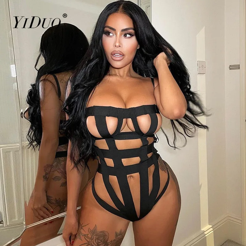 

YiDuo Women Slash Neck Hollow Out Black Bandage Bodysuit Sexy Sleeveless Bodycon Skinny Club Body Top Femme See Through Bodysuit