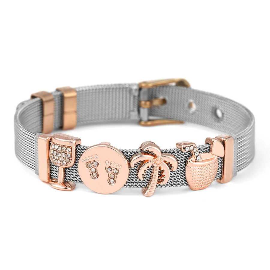 

Summer Ocean Style Stainless Steel Bracelets For Men Women Beach Footprints Juice Wine Beads Belt Bangle Travel Memorial Jewelry