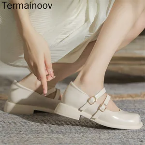 Termaioov Women Pumps Fashion Buckle Retro Mary Jane Shoes New Patent Leather Shoes White Black Thick-soled Square Toe