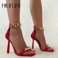 square toe high heels open toe metal chain women pumps sandals red black size 35 42 zipper wedding party woman shoes sexy summer