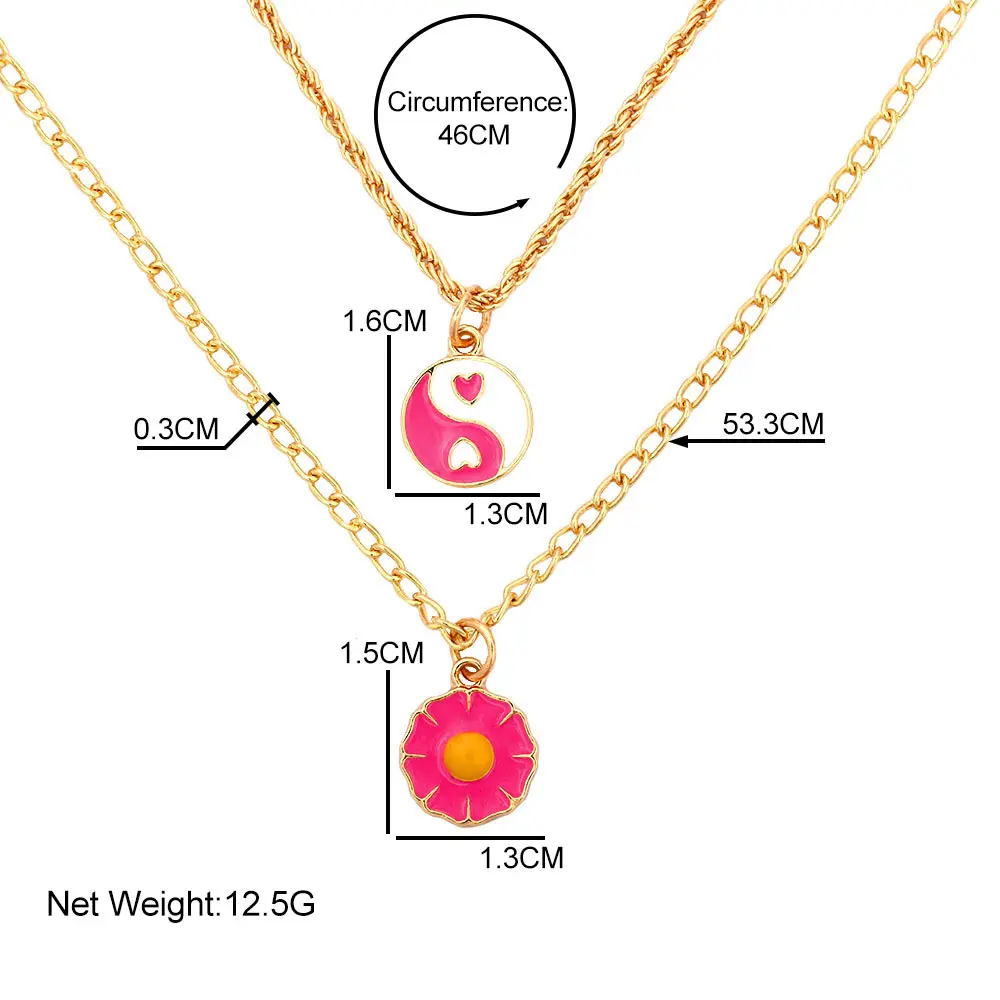 

Trendy Pink Enamel Glazed Daisy Yin Yang Pendant Necklace for Woman Multilayer Metal Chain Twisted Chain Choker Necklace Jewelry