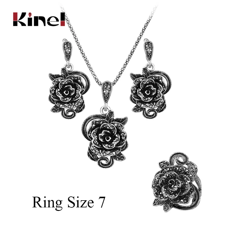 3pcs Ring size 7 Kinel Горячие Серые розы с кристаллами набор украшений для женщин старинное серебряное кольцо ожерелье серьги браслет винтажные свадебные ювелирные наборы - Окраска металла: 3pcs Ring size 7