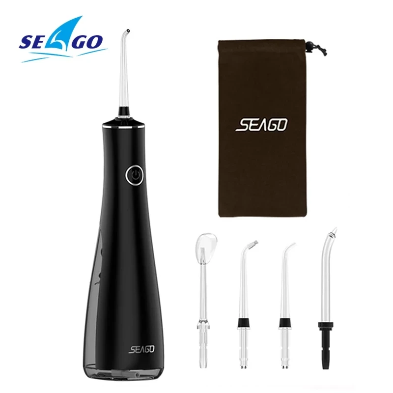 

SEAGO Oral Dental Irrigator Portable Water Flosser USB Rechargeable 3 Modes IPX7 200ML Water 4 Nozzles for Cleaning Teeth SG8001