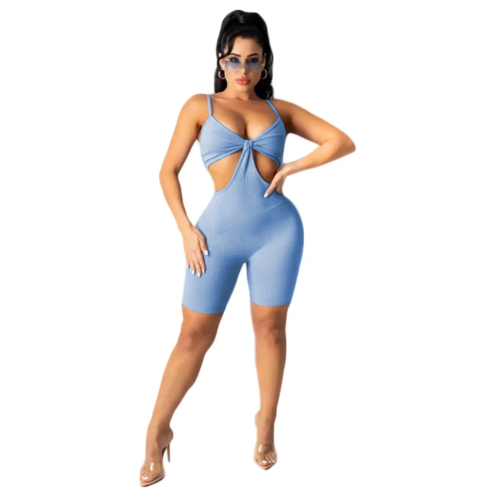 

Active Fitness Solid Knit Rib Playsuit Jumpsuit Women Sexy V Neck Hollow Out Biker Shorts Bodycon Jumpsuit Overalls for Women