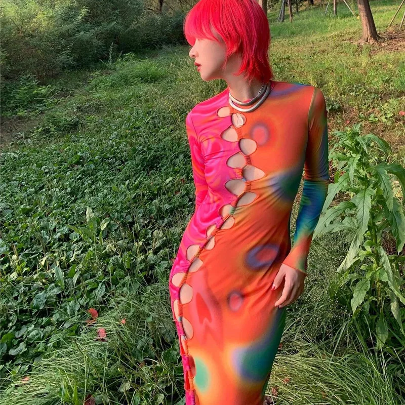 

hirigin Sexy Tie-dye Bodycon Party Long Dress Autumn Women Fashion Slim Dresses Ladies Hollow Out Casual ONeck Long Sleeve Dress