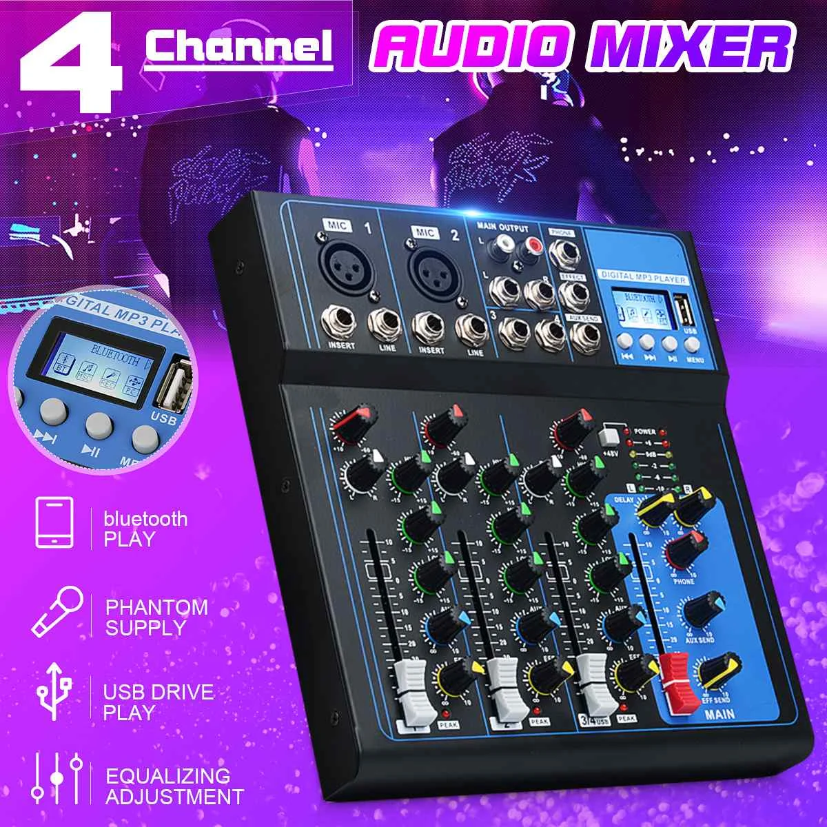 Портативный Аудио миксер LEORY 4 канальный Bluetooth Миксер с USB диджейский звуковой