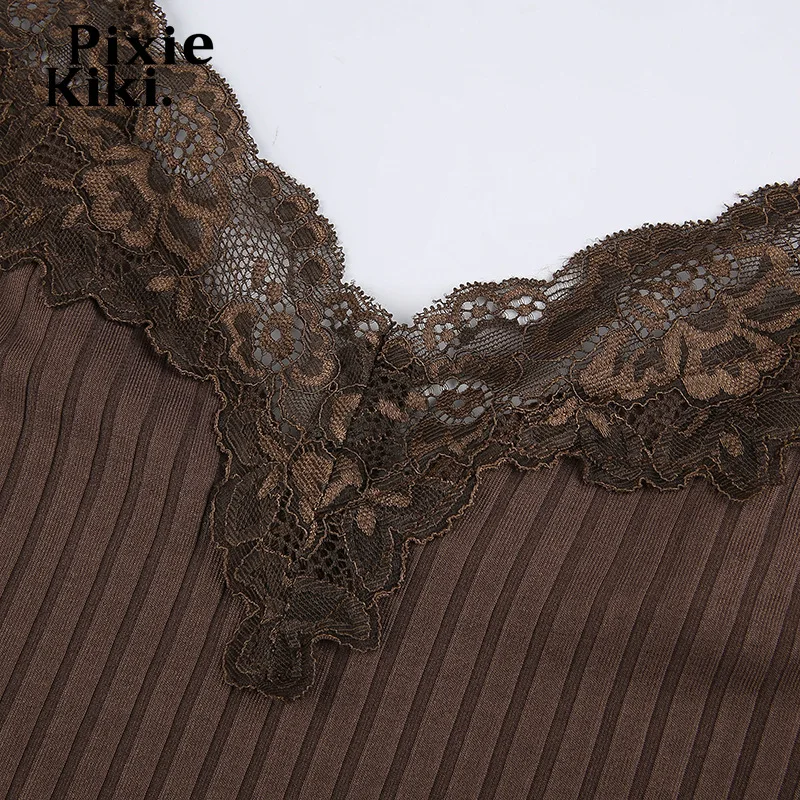 

Lace Patchwork Brown Crop Top Y2k Clothes Fairy Grunge Style Cropped Tees Cami Ribbed Knitted Tank Tops